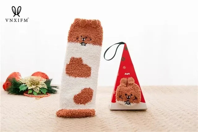 Cute Animal Design Deer Christmas socks Gift 3D Fluffy Coral Velvet Thick Warm Winter Sock For Women new Year gift Sox with Box