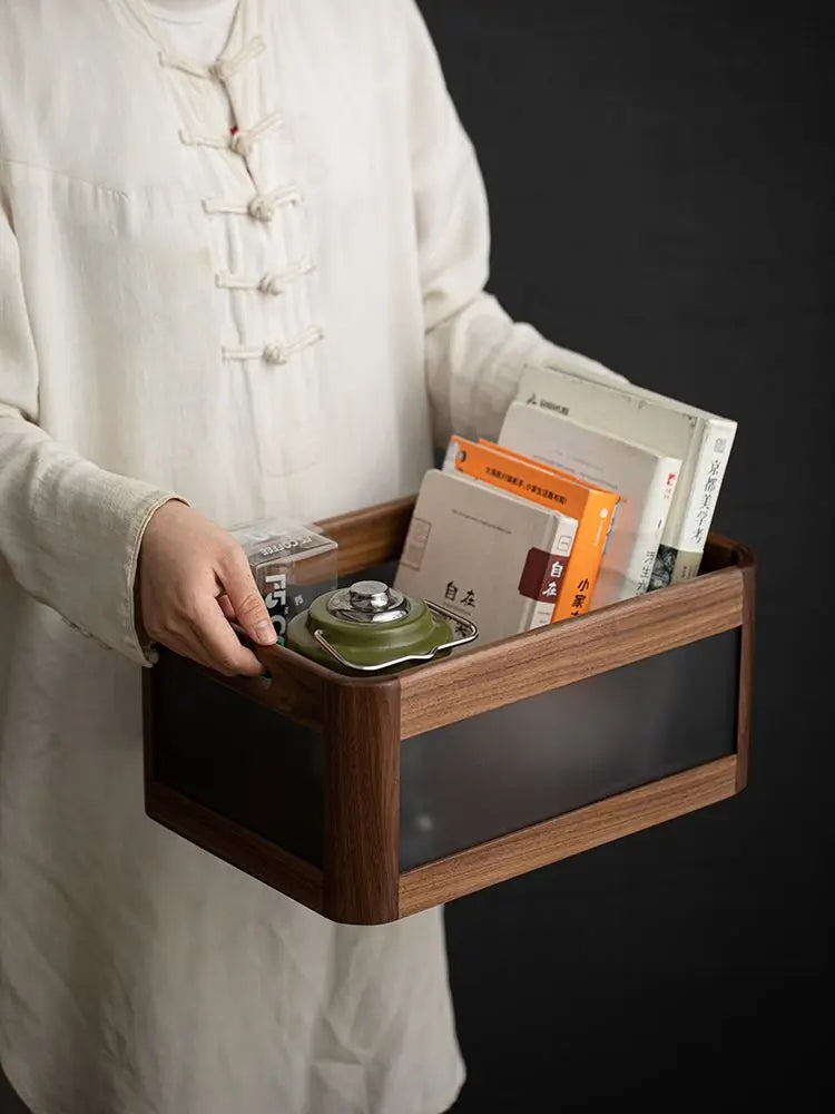 صندوق منظم سطح المكتب من خشب الجوز الأسود من ديكوربايتس™ - حقيبة متعددة الاستخدامات للمكتب والمكياج