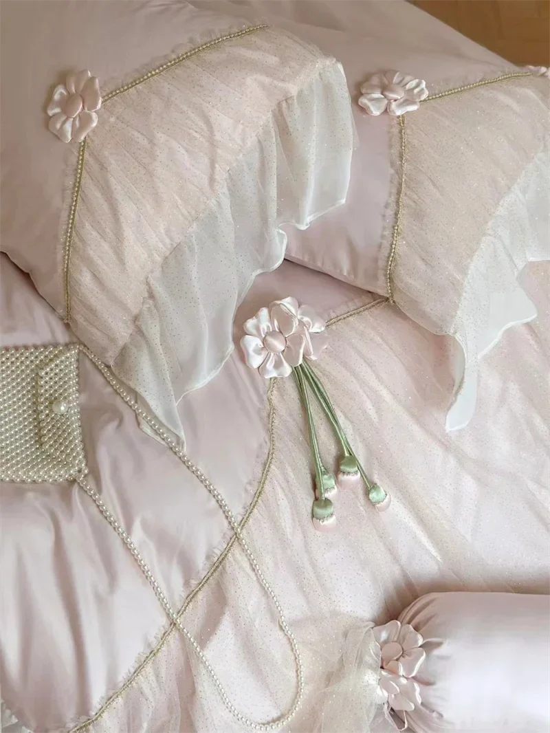 Decobites Princess 1000TC Egyptian Cotton Bedding Set with Handmade Flowers & Lace Ruffles