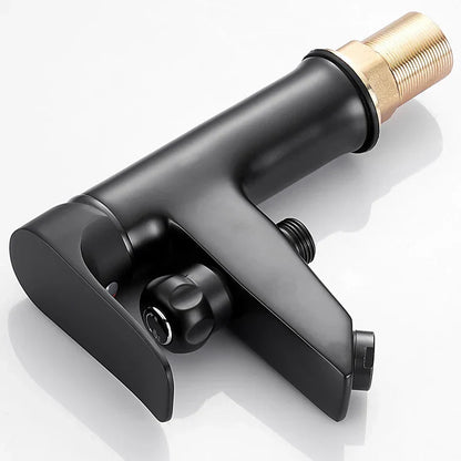 Grifo monomando para lavabo DecorBites™ de latón negro con cabezal de ducha y mezclador de agua fría y caliente.