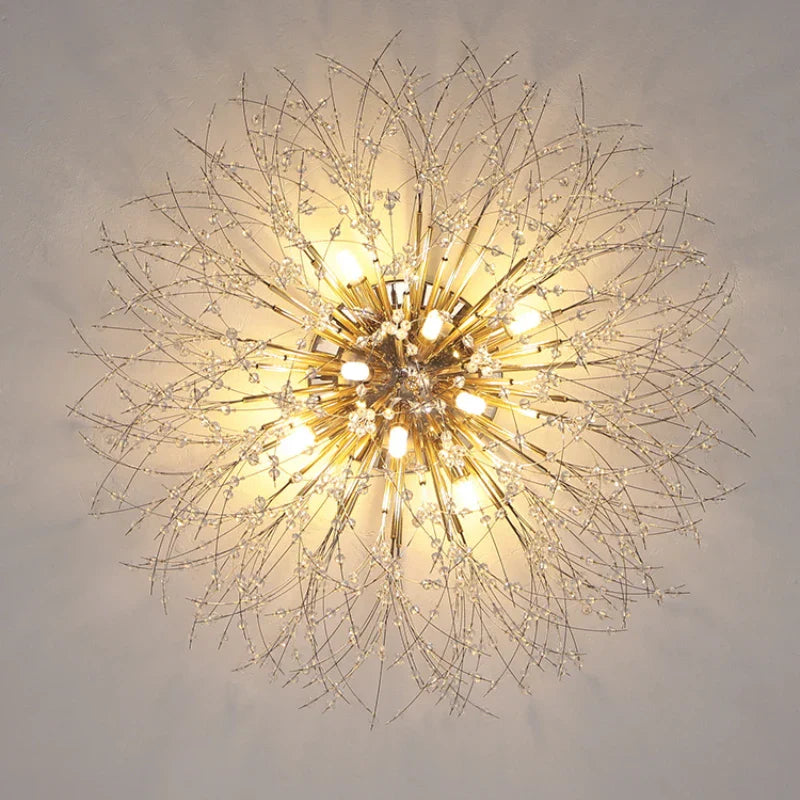DecorBites™ Golden Dandelion Crystal Chandelier: Warm Nordic LED Ceiling Lamp for Romantic Living Room.
