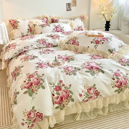 Decobites Vintage Rose Floral Double Layer Lace Ruffles 100% Cotton Bedding Set