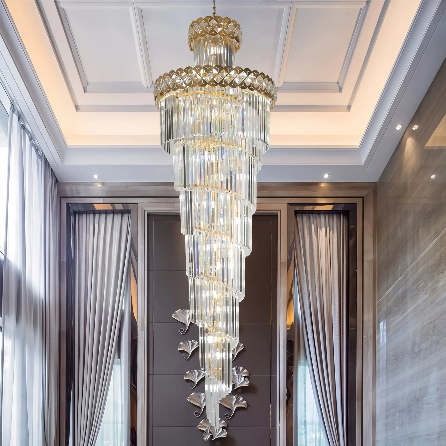 Modern Gold Crystal Staircase Long Drop Pendant Light
