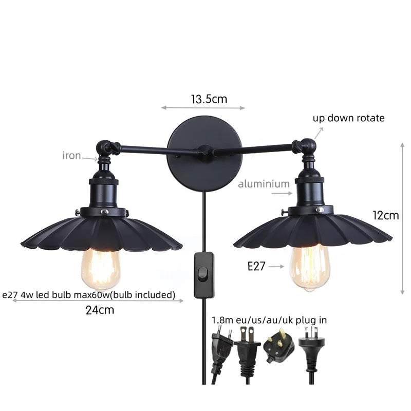 DecorBites™ Industrial Retro LED Wall Lamp with Two Heads and Pull Chain Switch