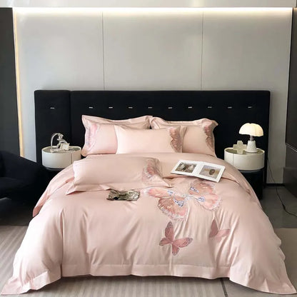 DecorBites™ Butterfly Embroidery Bedding Set: King/Queen/Ru Size Bed Linens, Sheet, Pillowcase, Comforter Cover