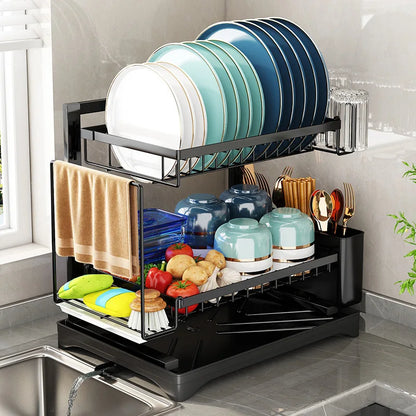 DecorBites™ Dish Drying Rack & Drainboard Set with Tableware Storage, Towel Rack, and Chopstick Cage