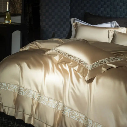 Decobites Satin Brocade Luxe Embroidery Bedding Set Champagne Cotton Duvet Cover Bed Sheet Pillowcases