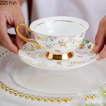 DecorBites™ Gold Flowers Pattern Ceramic Cup & Saucer Set for Elegant Dining Experience