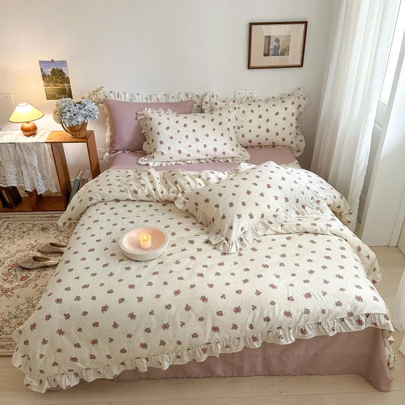 Decobites Floral Lace Ruffle Bedding Set, Fresh Flower Single Duvet Cover, 100% Cotton