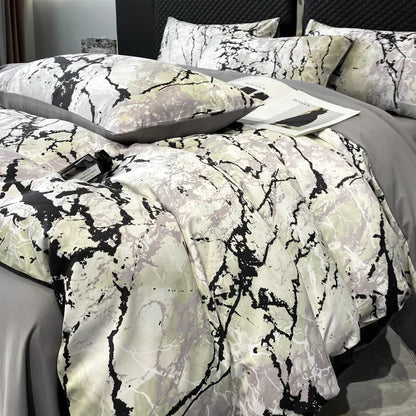 Decobites Black Grey Marble Ice Silk Duvet Cover Set - Luxury Cooling Comfort, Nordic Style