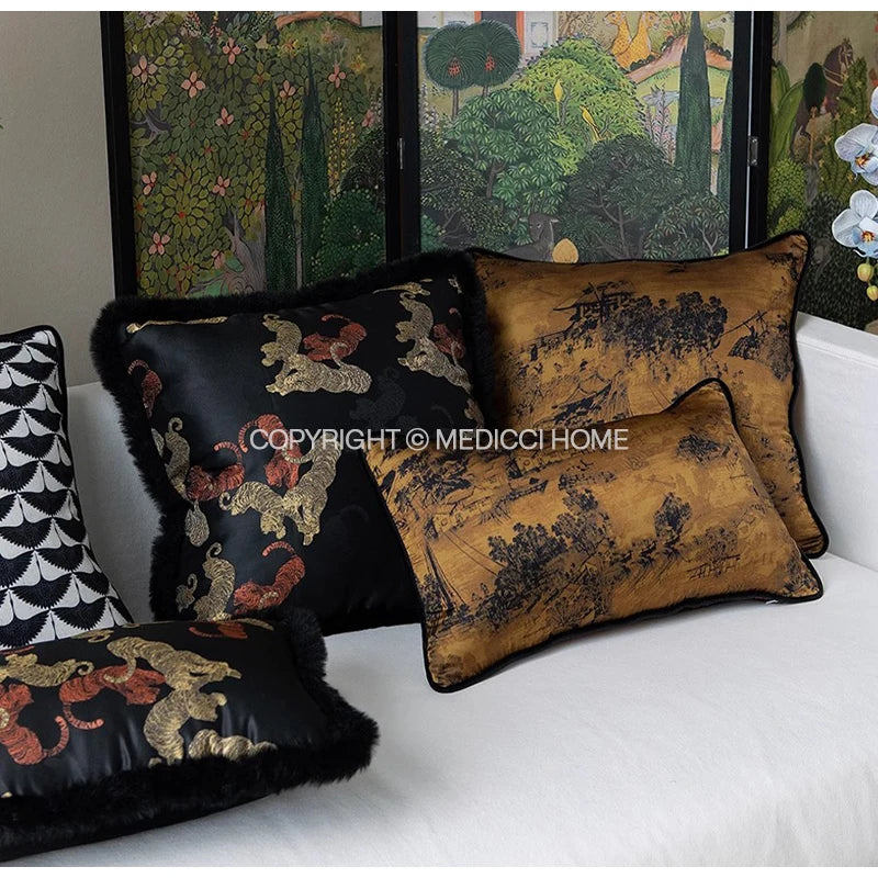 DecorBites™ Chinoiserie Sunset Glow Landscape Accent Cushion Cover - Exquisite Retro Decor Pillowcase
