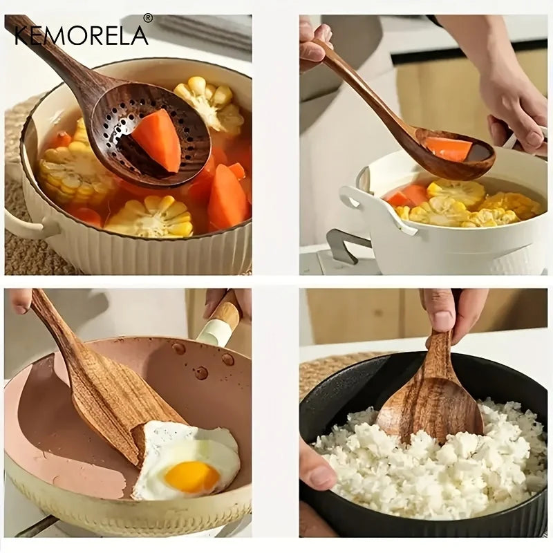 DecorBites™ Juego de 5 cucharas de cocina de madera de teca - Utensilios de cocina naturales