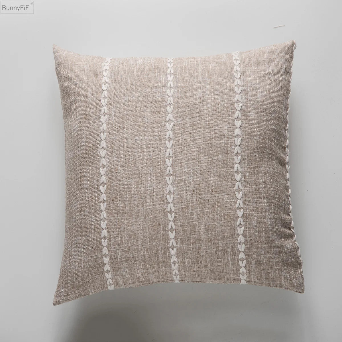 DecorBites™ Brown Grey Stripe Embroidery Cushion Cover Set, Cotton Linen, 45x45cm 60x60cm Home Decor