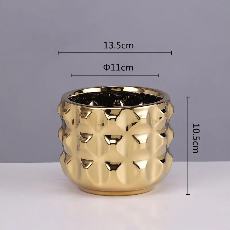 DecorBites™ Gold Ceramic Flower Pot Geometry Vase for Succulents and Floral Arrangements