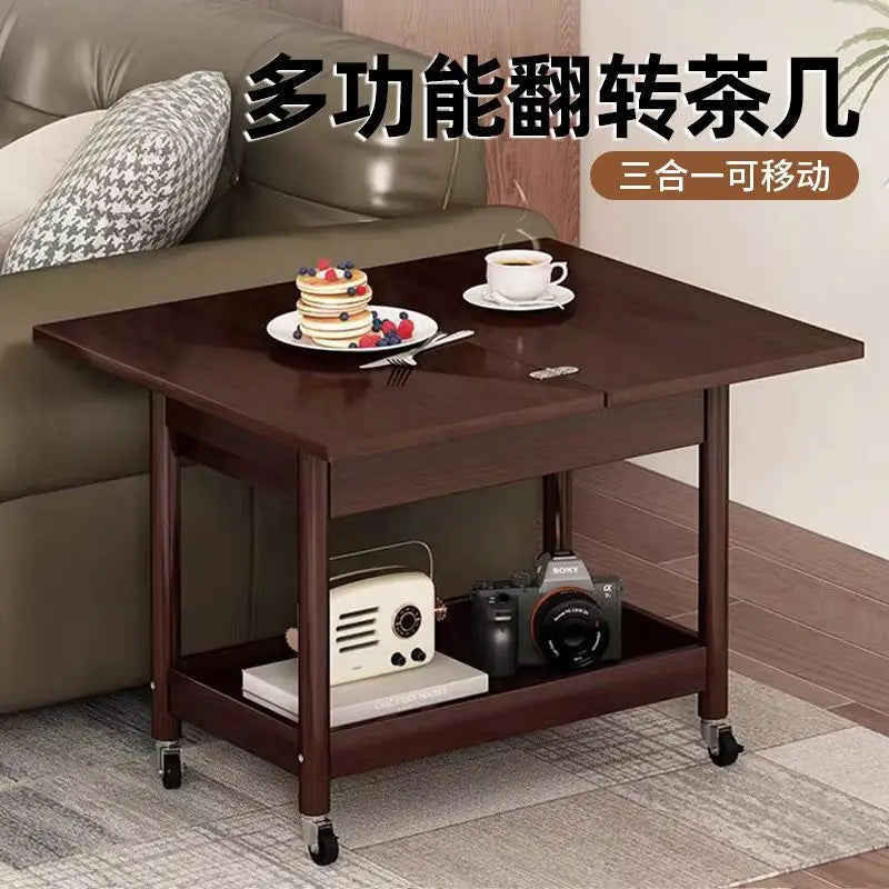 DecorBites™ Ash Wood Cart Coffee Table with Folding Desktop Storage