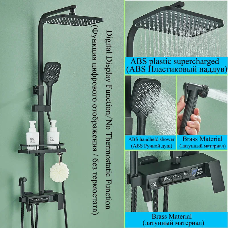 DecorBites™ Digital Display Thermostatic Shower Faucet Set with Rainfall Shower Column in Chrome