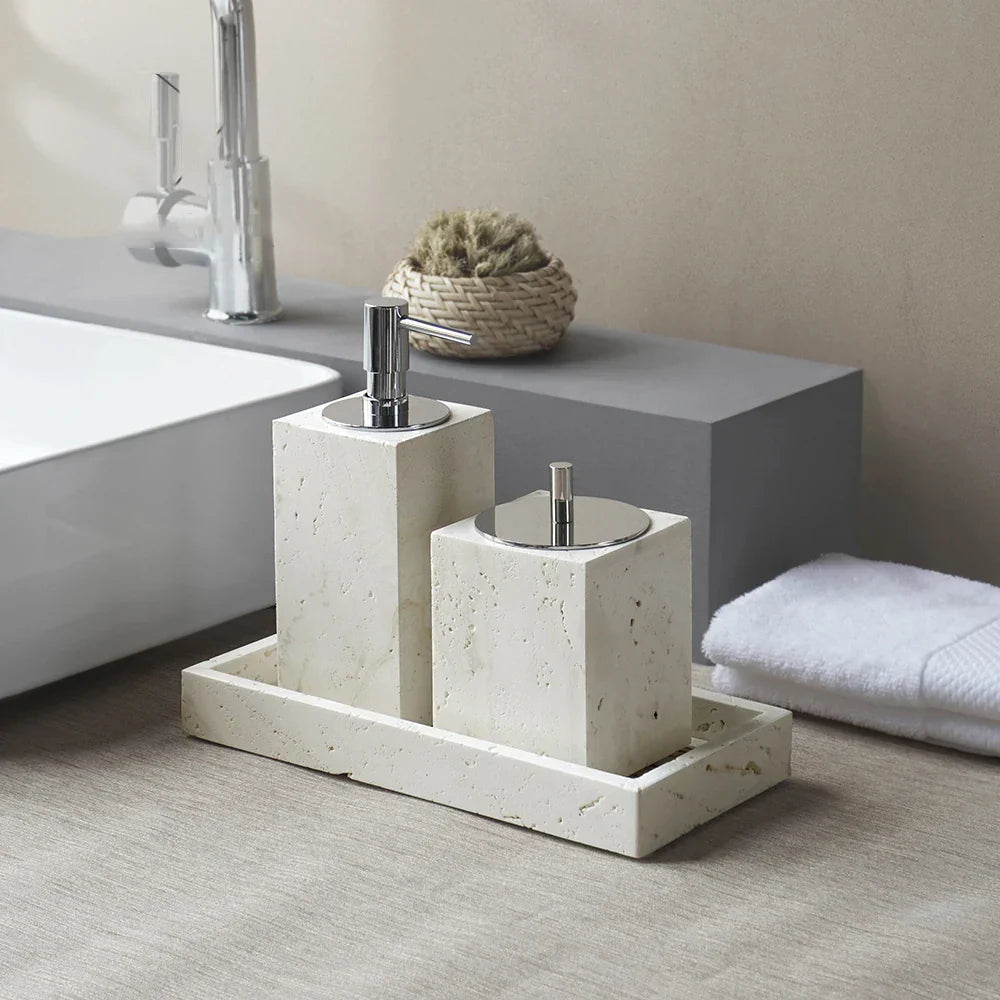 DecorBites™ Beige Travertine Marble Bathroom Set - Soap Dispenser Toothbrush Holder Tissue Box