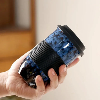 DecorBites™ Ceramic Kiln Mug with Lid - Portable Couple Pottery Coffee Tea Cup