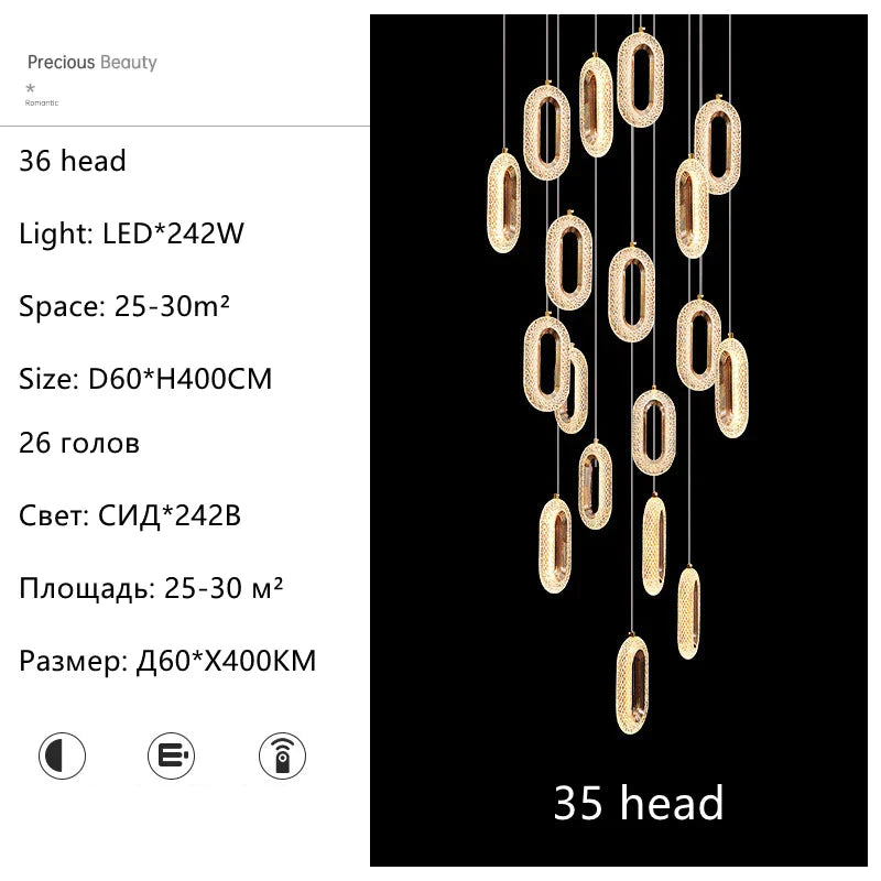 DecorBites™ Gold Acrylic Chandelier LED Pendant Light Modern Staircase Bedroom Living Room Decor