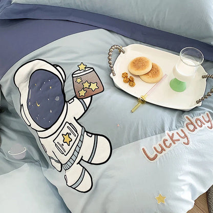 Juego de cama infantil DecorBites™ con bordado de astronauta de dibujos animados, 100% algodón, funda nórdica individual, sábana bajera, fundas de almohada