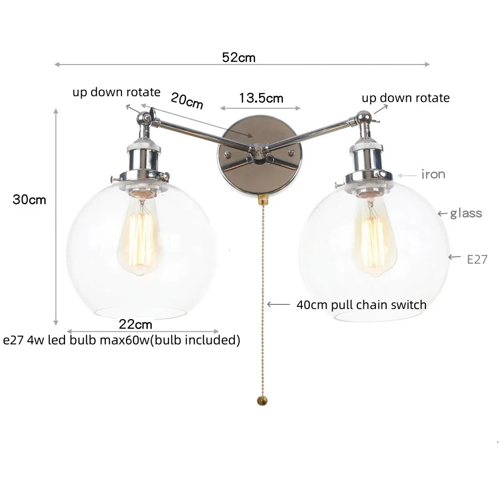 ديكوربايتس™ مصابيح حائط LED ثنائية الرأس مصنوعة من الحديد والزجاج لإضاءة درج غرفة النوم