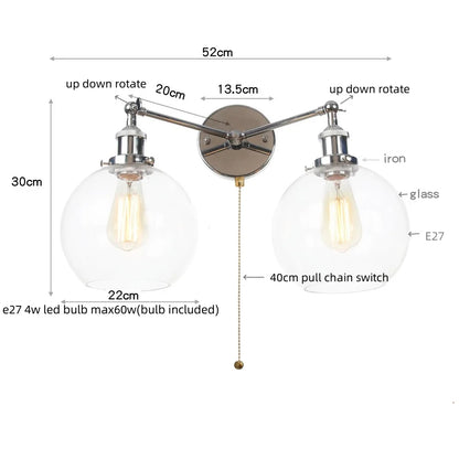 ديكوربايتس™ مصابيح حائط LED ثنائية الرأس مصنوعة من الحديد والزجاج لإضاءة درج غرفة النوم