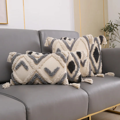 DecorBites™ Grey Geometric Tufted Cushion Cover with Fringe, Home & Car Decor Pillow Cover