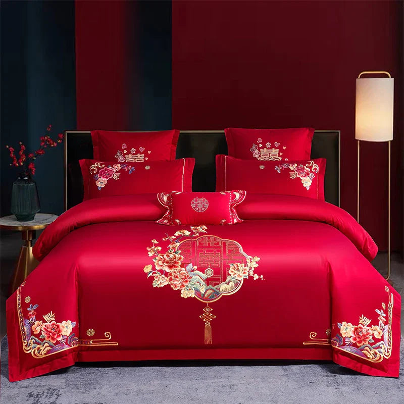 Decobites Red Luxury Chinese Wedding Embroidery 4Pcs 800TC Egyptian Cotton Bedding Set