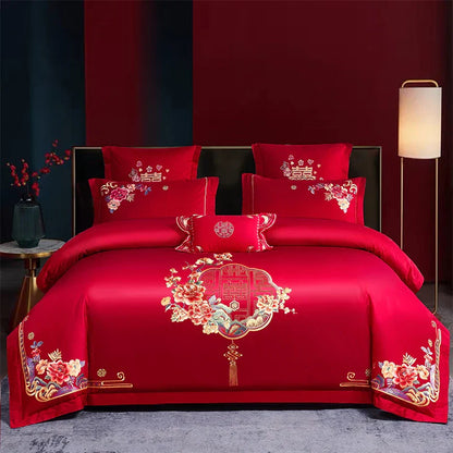 Decobites Red Luxury Chinese Wedding Embroidery 4Pcs 800TC Egyptian Cotton Bedding Set