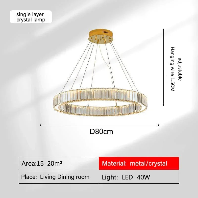 DecorBites™ Golden Crystal Chandelier: Nordic Modern Luxury LED Hanging Halo for Living Room