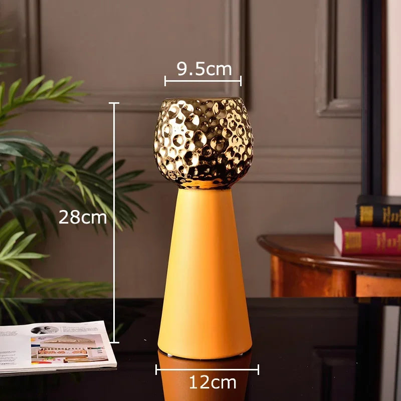 Jarrón de cerámica con patrón de martillo dorado Decorbites™: Maceta creativa para decoración de mesa y arreglo floral