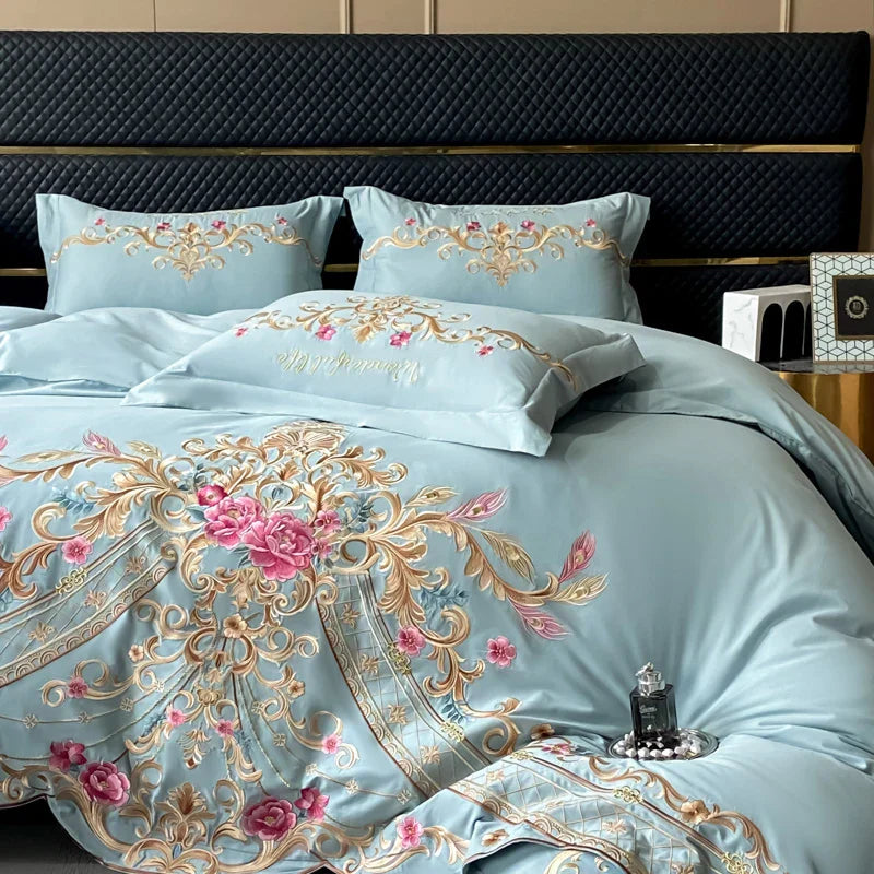 Decobites Exquisite Flowers Embroidery Bedding Set: Queen King Duvet Cover, Sheet, Pillowcases