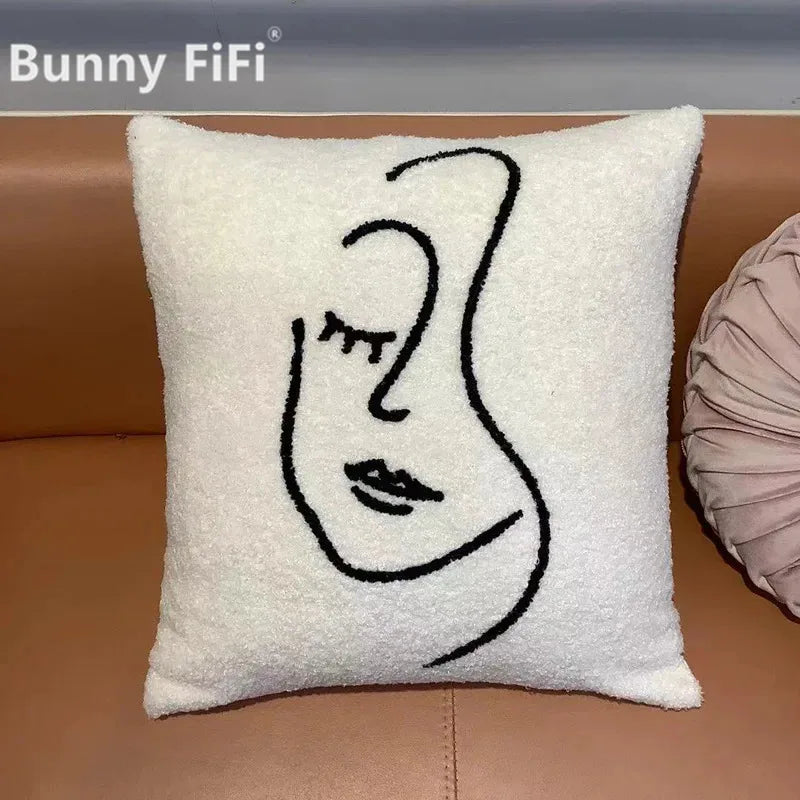 DecorBites™ Lambswool Face Cushion Cover 45x45 Beige White Abstract Art Pillowcase