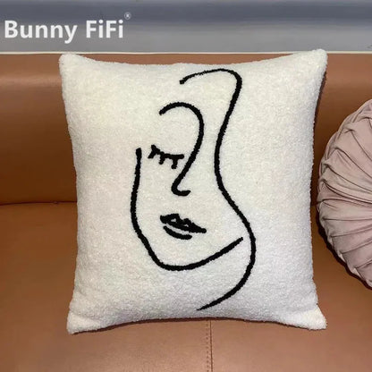 DecorBites™ Lambswool Face Cushion Cover 45x45 Beige White Abstract Art Pillowcase