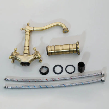 DecorBites™ Antique Brass Carved Waterfall Bathroom Faucet Set Mixer Tap