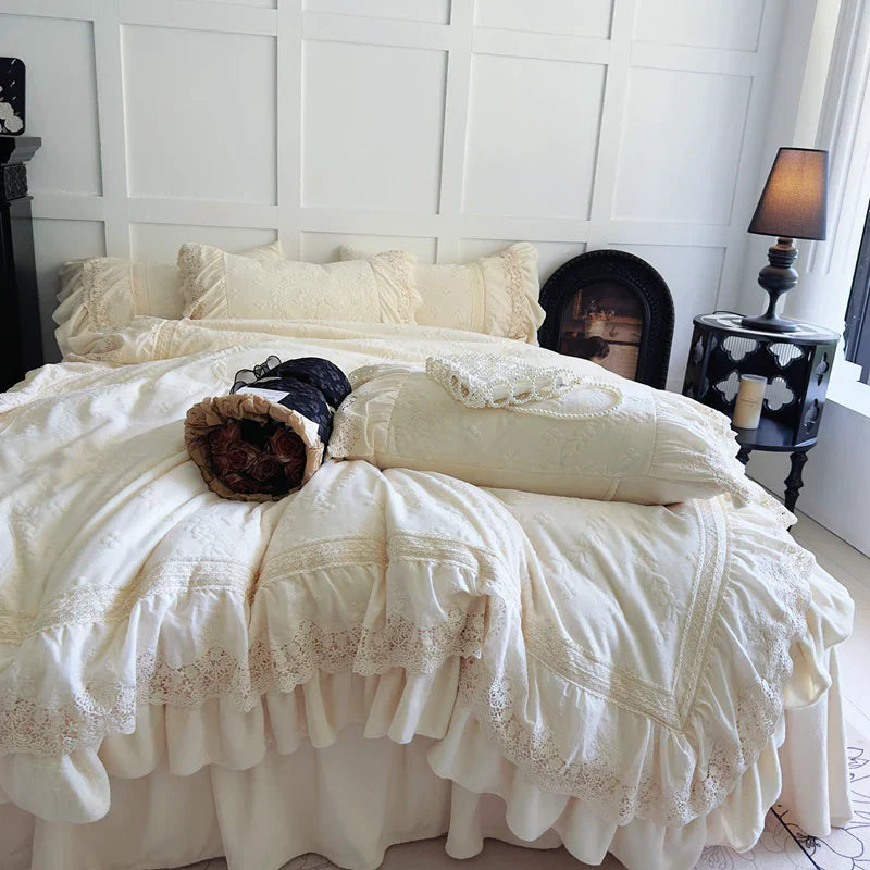 DecorBites™ Lace Ruffles Velvet Wedding Bedding Set with Carved Details