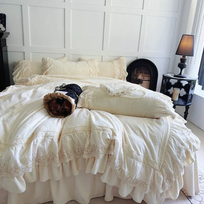 DecorBites™ Lace Ruffles Velvet Wedding Bedding Set with Carved Details