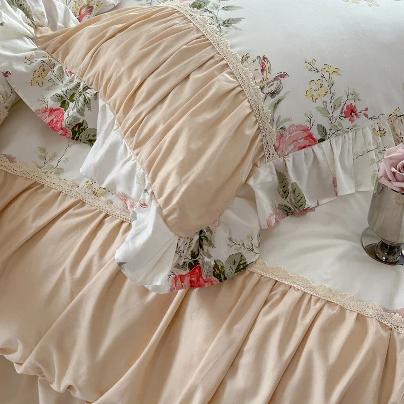 Decobites Korean Princess Style Floral Cotton Bedding Set with Ruffles