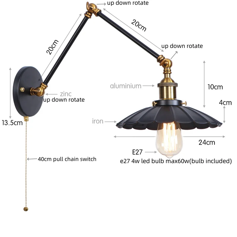 DecorBites™ Gold Industrial LED Wall Lamp with Pull Chain Switch for Home Decor
