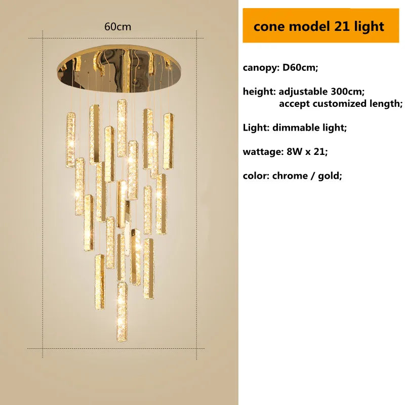DecorBites™ Gold Chrome Steel Crystal Pendant Lights with Dimmable LED for Villa Stair