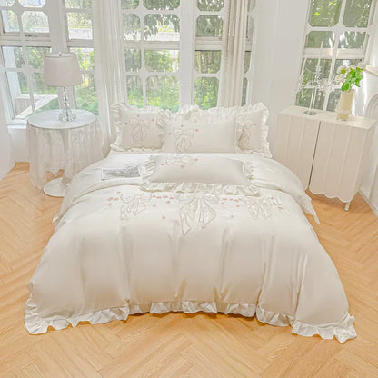 Decobites Ice Silk Embroidered Ruffles Duvet Set with Cool & Skin-Friendly Feel