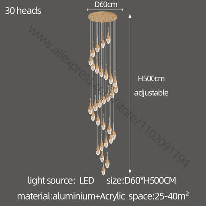 Lámpara de araña LED dorada para escalera DecorBites™ | Lámpara colgante de lujo para sala de estar grande