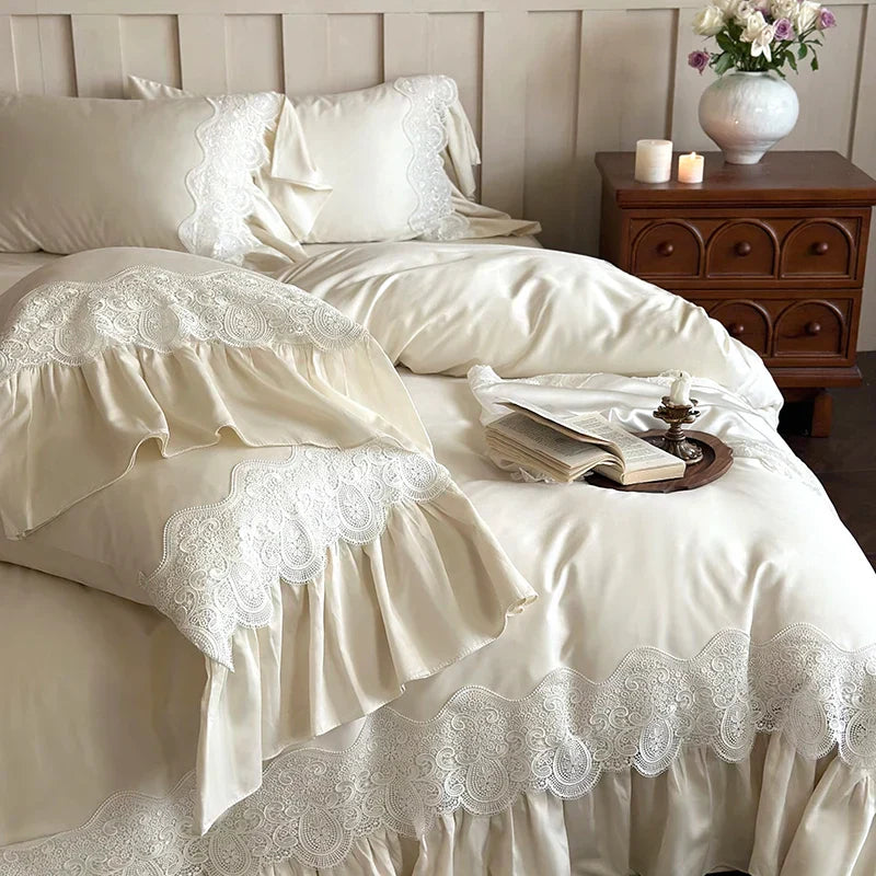 Decobites French Lace Ruffle Princess Wedding Bedding Set with Brushed Duvet Cover & 2 Pillowcases