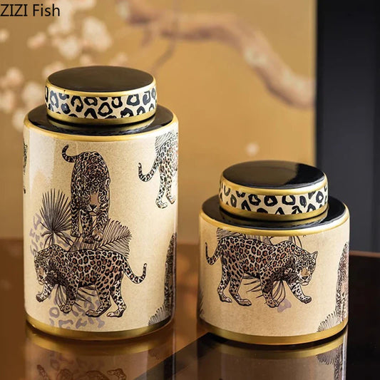 DecorBites™ Leopard Pattern Tank Ceramic Storage Jar with Lid for Jewelry and Cosmetics