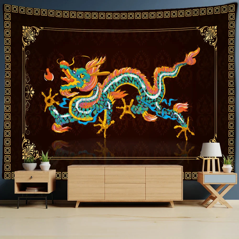 DecorBites™ Golden Dragon Totem Carving Tapestry: Mysterious Psychedelic Wall Hanging