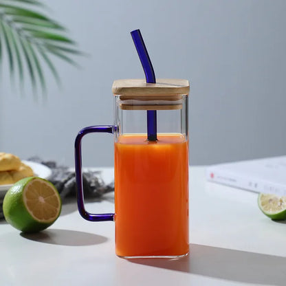 DecorBites™ 400ml Square Glass Mug with Lid and Straw | Versatile Party Beverage Cup