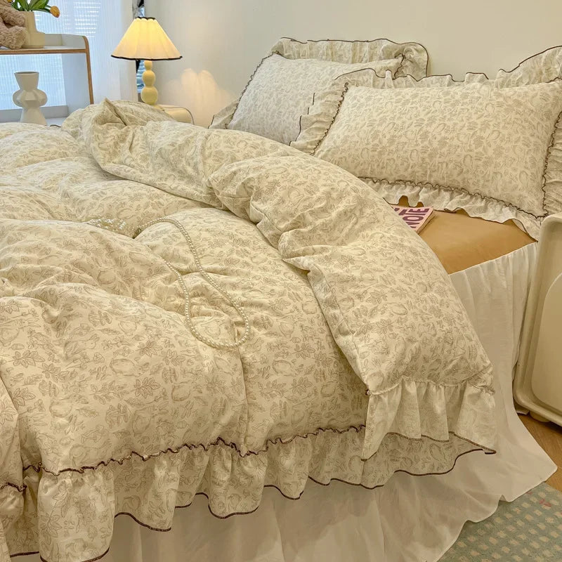 Decorbites™ Spitzen-Bettwäsche-Set: Bedrucktes Design, Einzelbett-Größe Queen, Gemütliche Steppbettbezug, Spannbettlaken, 2 Kissenbezüge