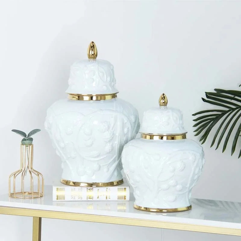DecorBites™ Embossed Flower Ceramic Ginger Jar Vase - Home Decor Storage Tank