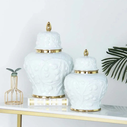 DecorBites™ Embossed Flower Ceramic Ginger Jar Vase - Home Decor Storage Tank