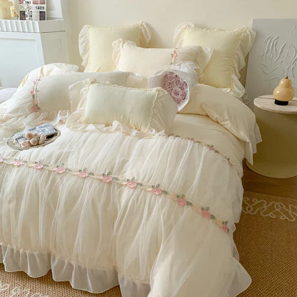 Decobites Pink French Princess Lace Ruffles Bedding Set with Pillowcases & Bed Sheet